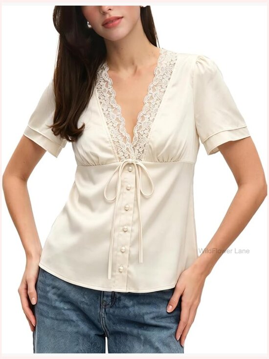Tops - Satin V-Neck Lace Trim Blouse Tie Front Button Down Tops